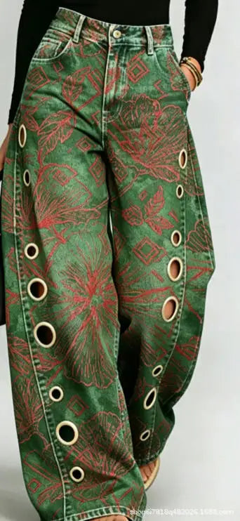 Printed Wide-Leg Pants with Circular Patterns High-Waisted Flowy Denim Trousers Rumanglobalcraft