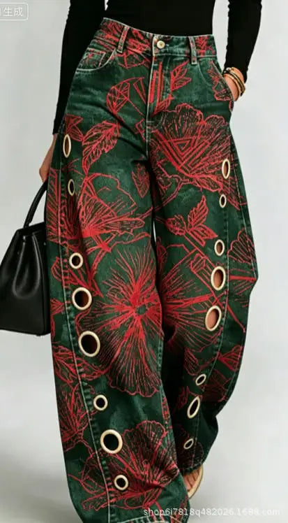Printed Wide-Leg Pants with Circular Patterns High-Waisted Flowy Denim Trousers Rumanglobalcraft