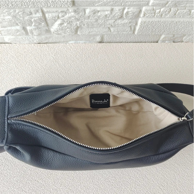 Donna-in Genuine Leather Shoulder Cross-body Bag Women Men Classic Casual Black Hobos Chest Bag Comfortable Wide Shoulder Strap