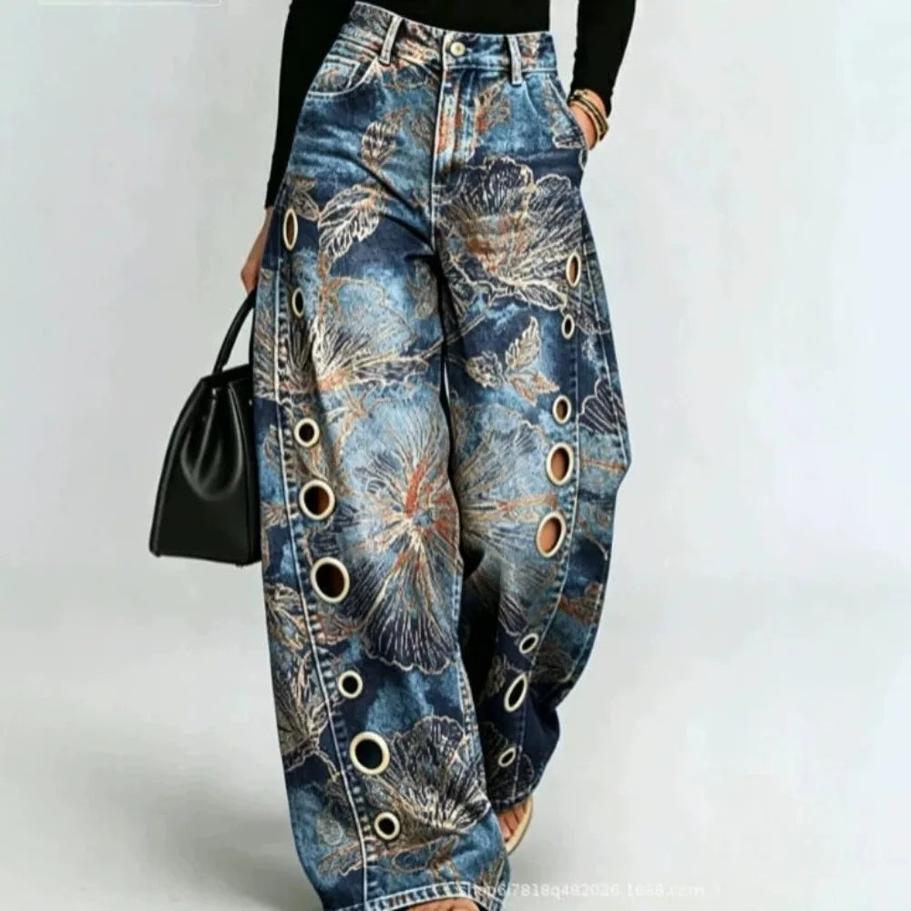 Printed Wide-Leg Pants with Circular Patterns High-Waisted Flowy Denim Trousers Rumanglobalcraft