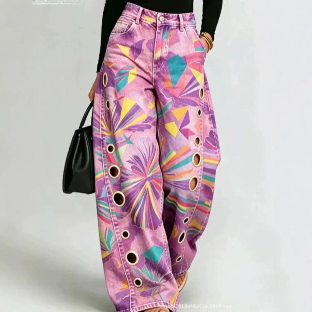 Printed Wide-Leg Pants with Circular Patterns High-Waisted Flowy Denim Trousers Rumanglobalcraft