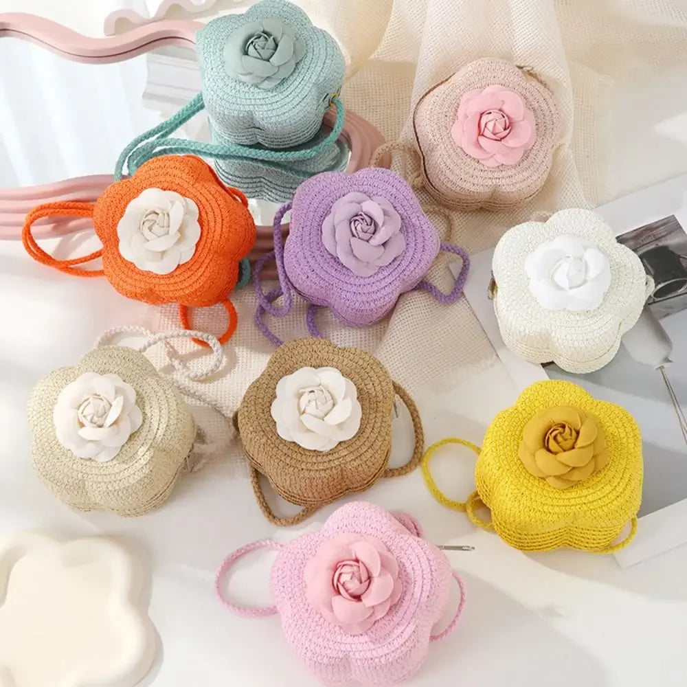 Durable Straw Crossbody Bag Flower Small Coin Purse Handbag Girls Kids