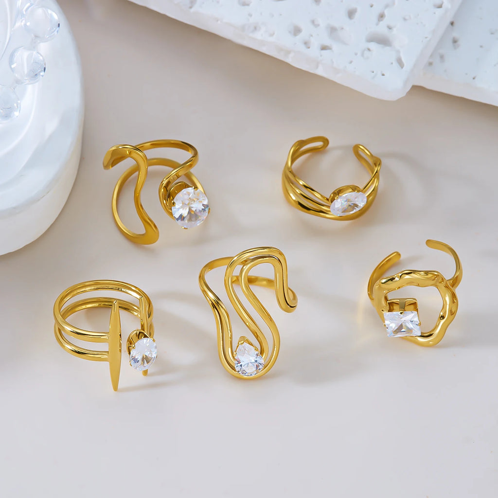 Abstract Winding Geometric Gold Ring for Women Waterproof Stainless Steel Liquid Metal Teardrop Zircon Ring Jewelry Gift