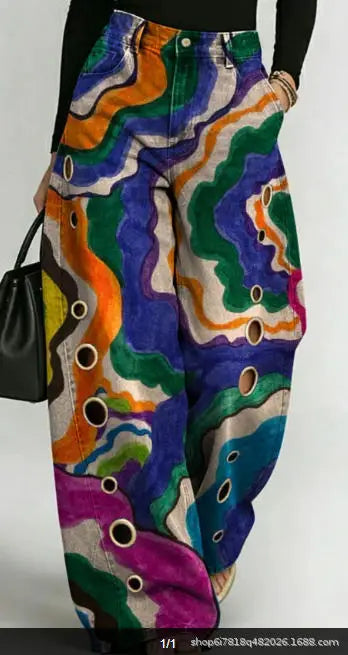 Printed Wide-Leg Pants with Circular Patterns High-Waisted Flowy Denim Trousers Rumanglobalcraft