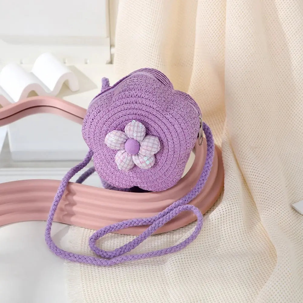 Durable Straw Crossbody Bag Flower Small Coin Purse Handbag Girls Kids