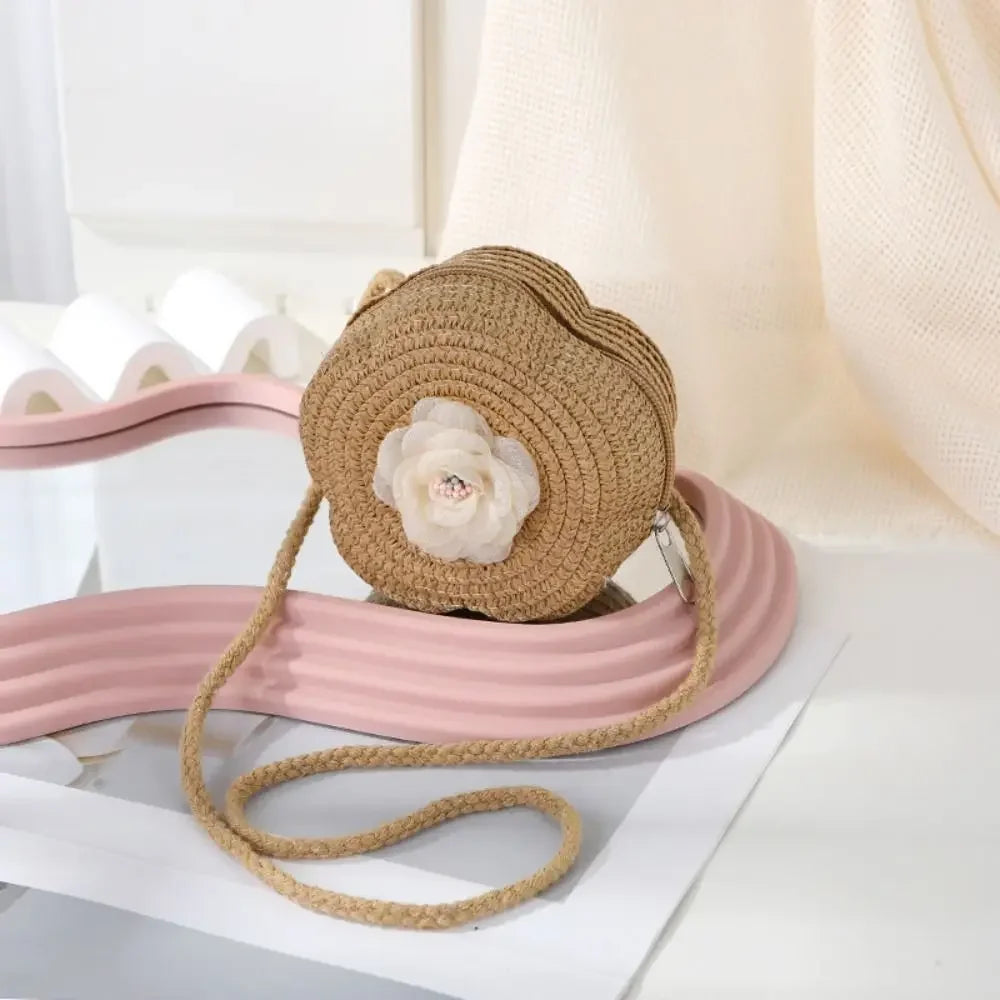 Durable Straw Crossbody Bag Flower Small Coin Purse Handbag Girls Kids