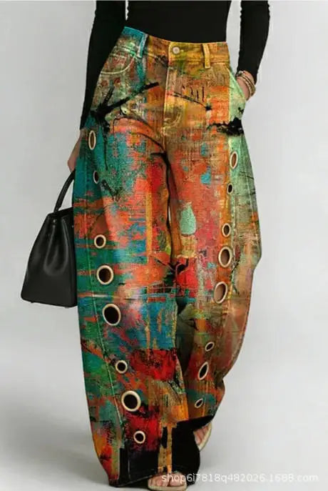 Printed Wide-Leg Pants with Circular Patterns High-Waisted Flowy Denim Trousers Rumanglobalcraft