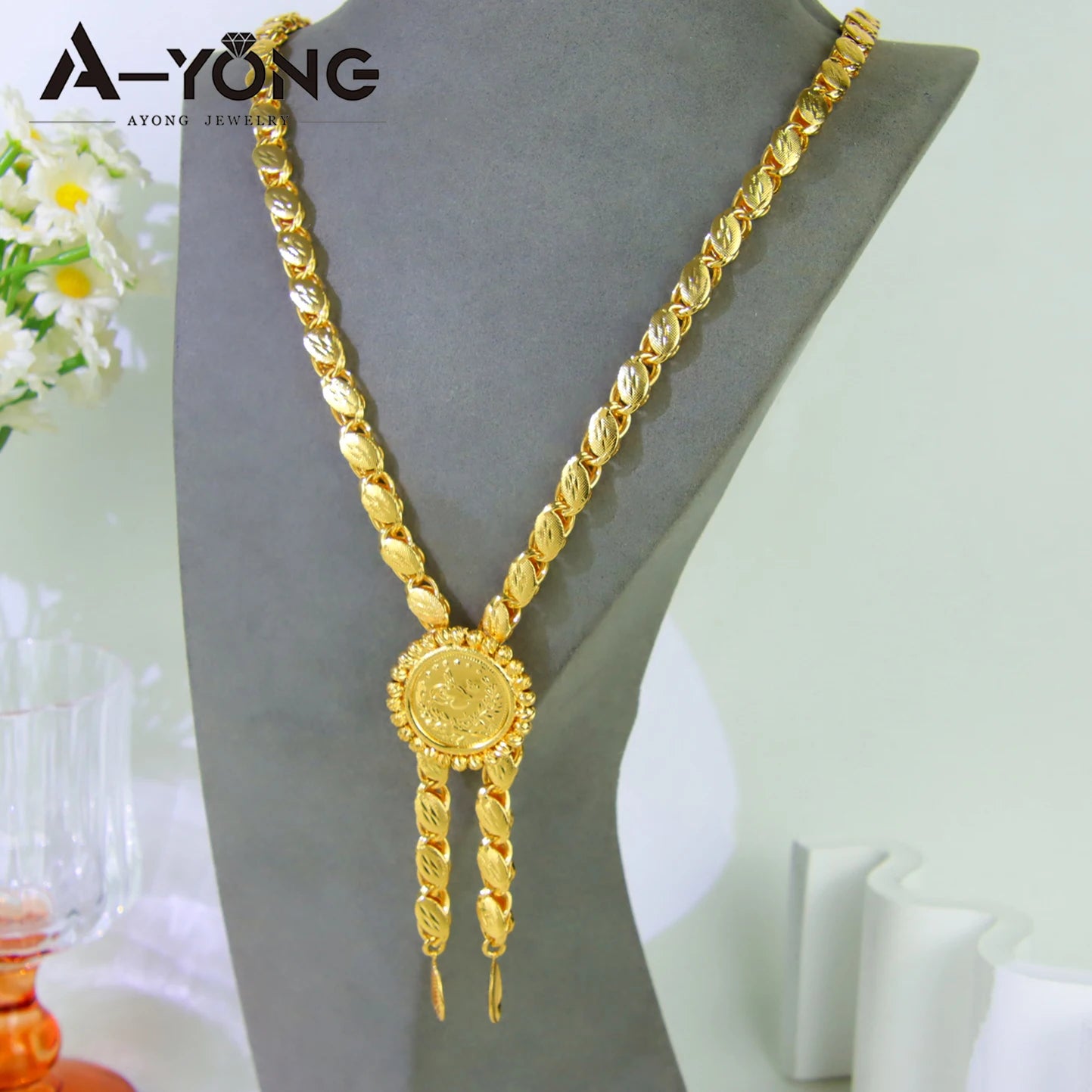 Delicate Algeria Wedding Long Necklace 21k Gold Plated Turkish Coins Charm Chokers Arabic Islamic Women Bridal Vintage Jewelry