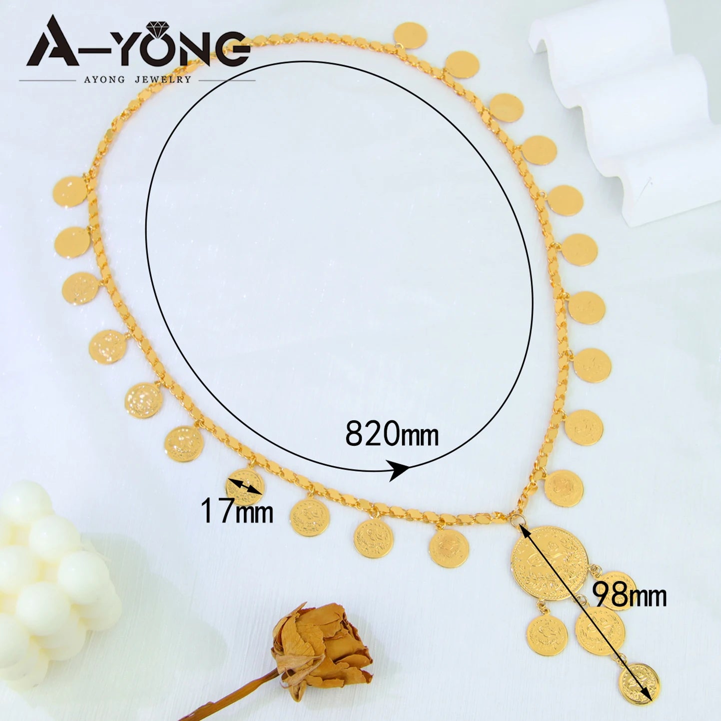 Delicate Algeria Wedding Long Necklace 21k Gold Plated Turkish Coins Charm Chokers Arabic Islamic Women Bridal Vintage Jewelry