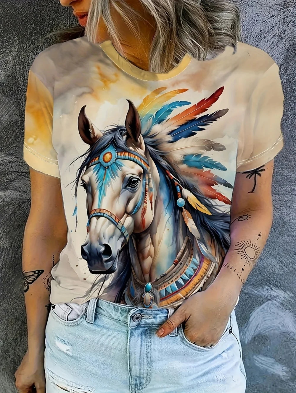 2026 New Women's Casual Short-Sleeve T-Shirt Vintage Horse Print Graphic Tee Summer Fashion High Quality Sports Women's Clothing (Copy)