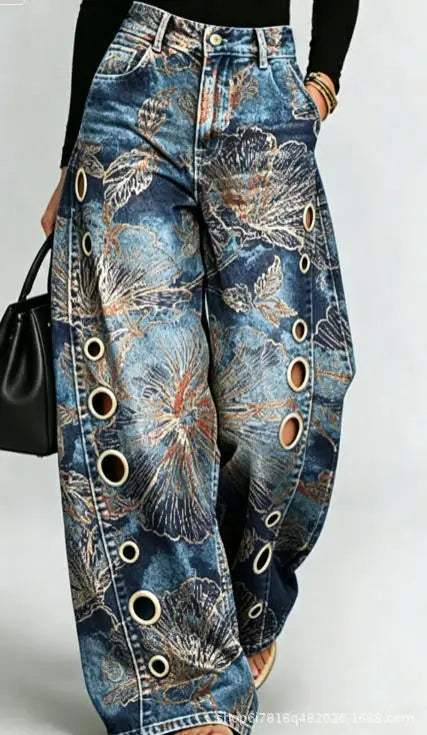 Printed Wide-Leg Pants with Circular Patterns High-Waisted Flowy Denim Trousers Rumanglobalcraft