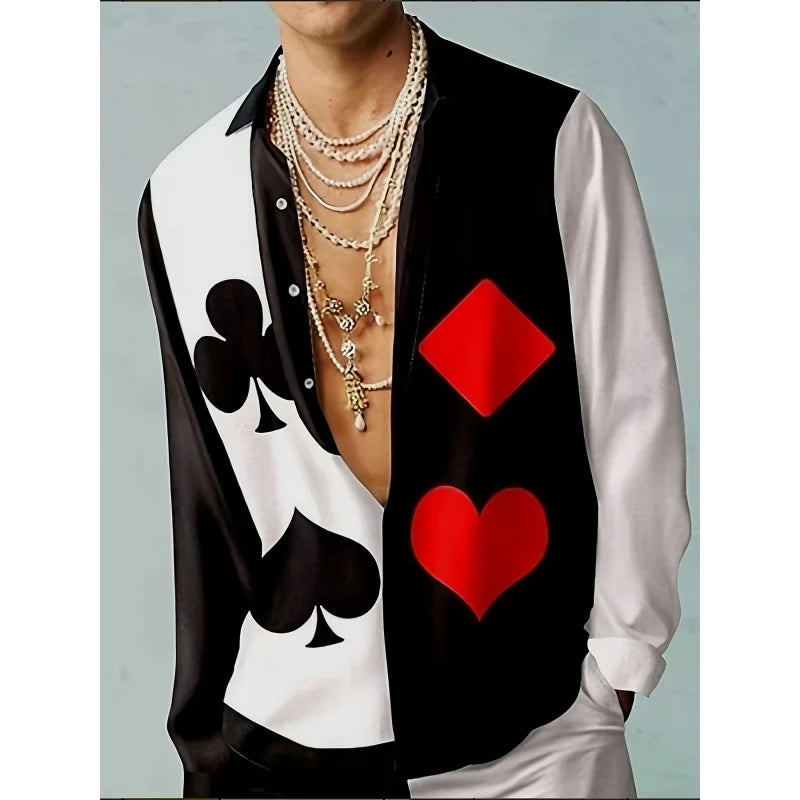 Poker Blocks Pattern Hawaiian Shirts For Men Red Peaches 3D Print Blouse Casual Loose Aloha Shirts Long Sleeve Lapel Button Tops (Copy)