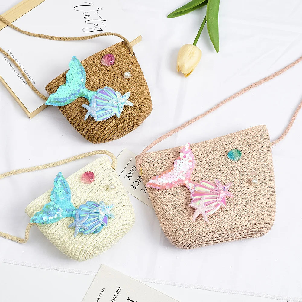 Cartoon Ocean Summer Children's Shoulder Bag Beach Straw Baby Kids Small Crossbody Bags Girls Princess Change Purse Handbags