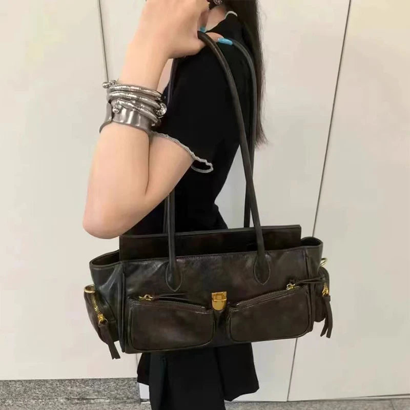 Vintage Underarm Bag For Girl Versatile Handbag Multi-pocket Motorcycle Bag Luxury Designer Handbag Spaghetti Strap Leather Bag