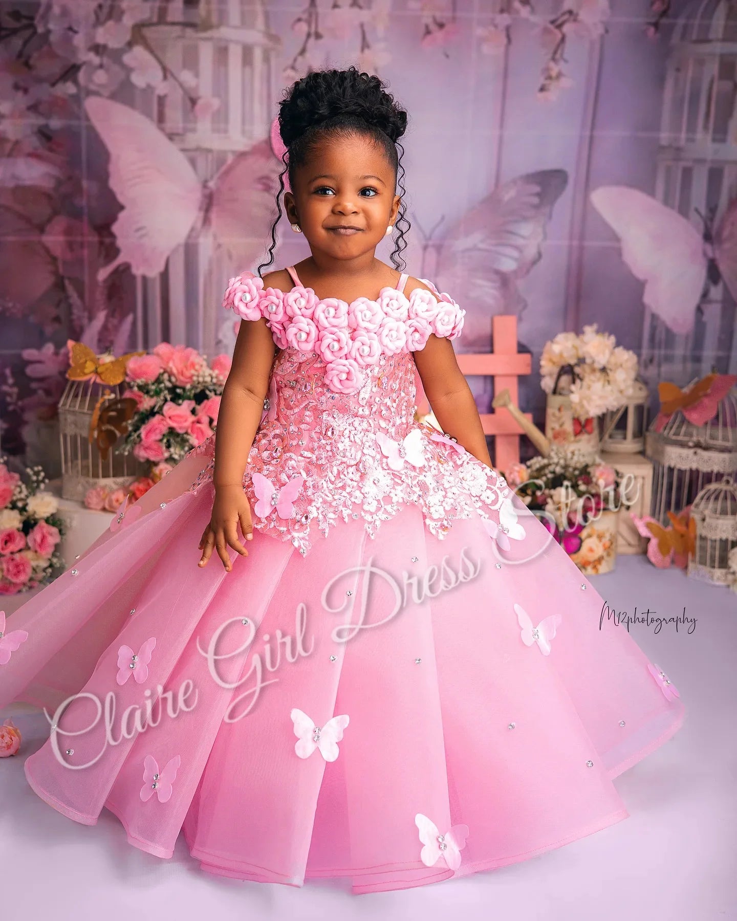 Customized Pink Flower Girl Dresses For Wedding Appliques Butterflies Pearls Cute Kids Birthday Party First Communion Gown.