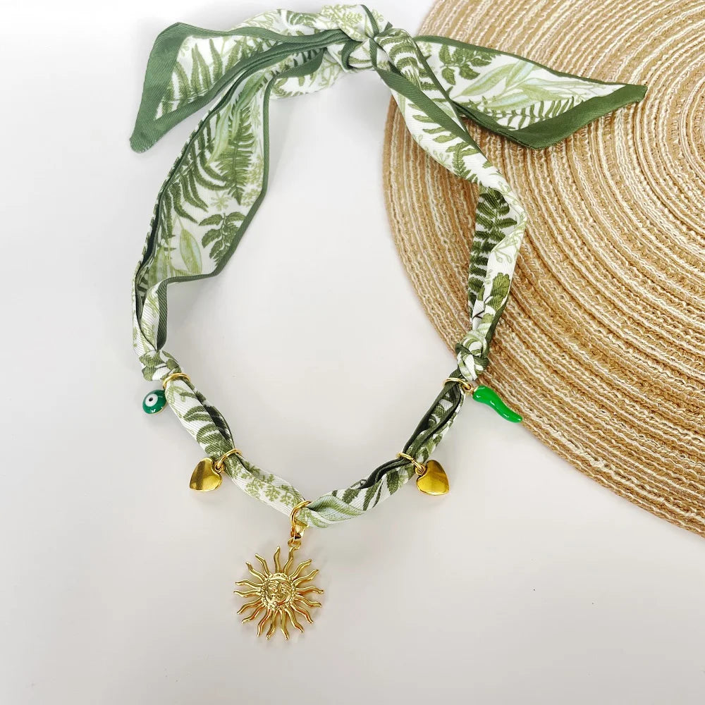 Trendy Boho Bandana Scarf Necklace for Women – Fashion Fruit Flower Sun Heart Charm Pendant Neck Wrap Jewelry