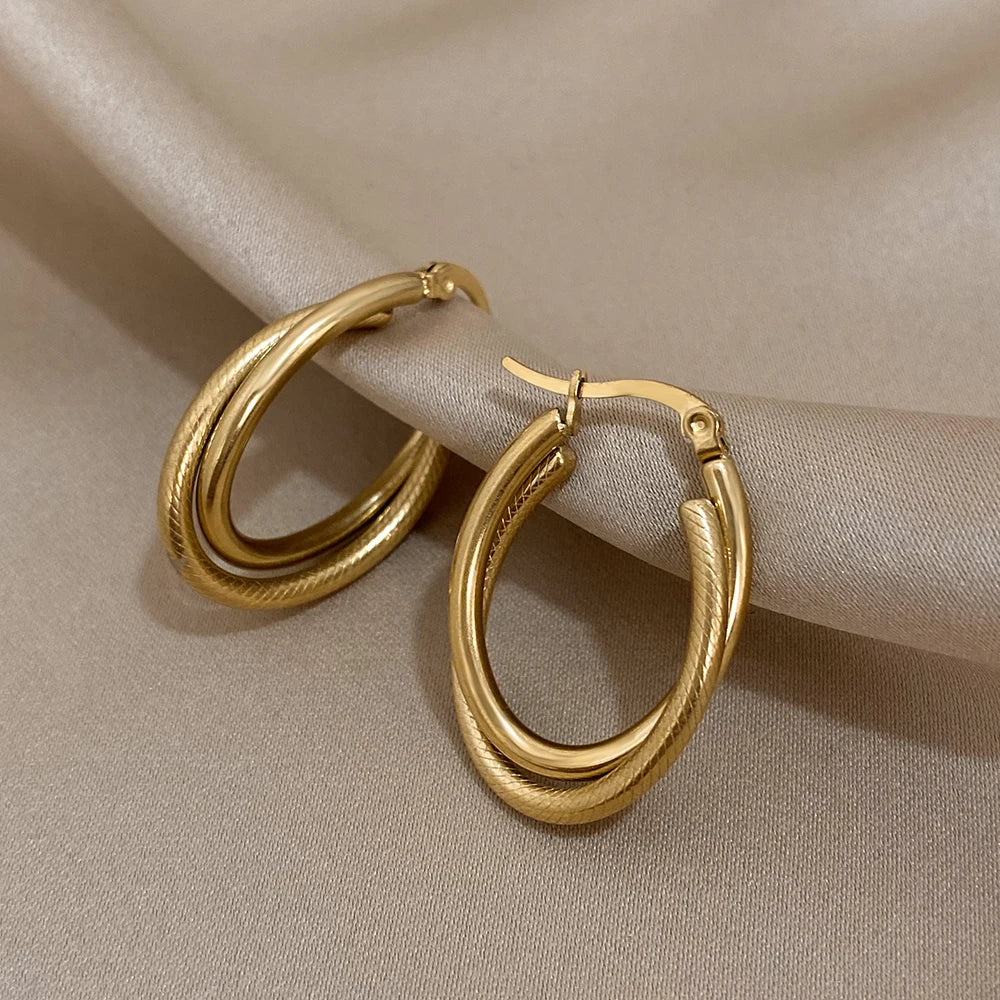Stainless Steel U-shaped Texture Earrings Women Classic Fashion Minimalist Hoop Earrings Waterproof Daily Jewelry Accessories