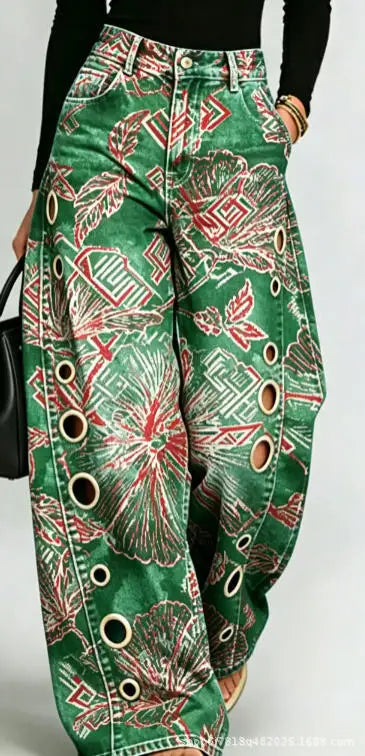 Printed Wide-Leg Pants with Circular Patterns High-Waisted Flowy Denim Trousers Rumanglobalcraft