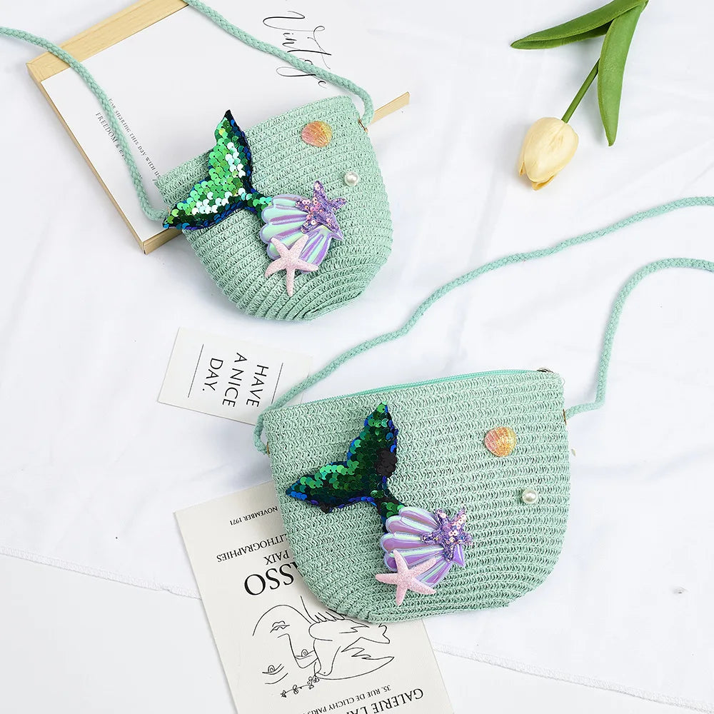 Cartoon Ocean Summer Children's Shoulder Bag Beach Straw Baby Kids Small Crossbody Bags Girls Princess Change Purse Handbags