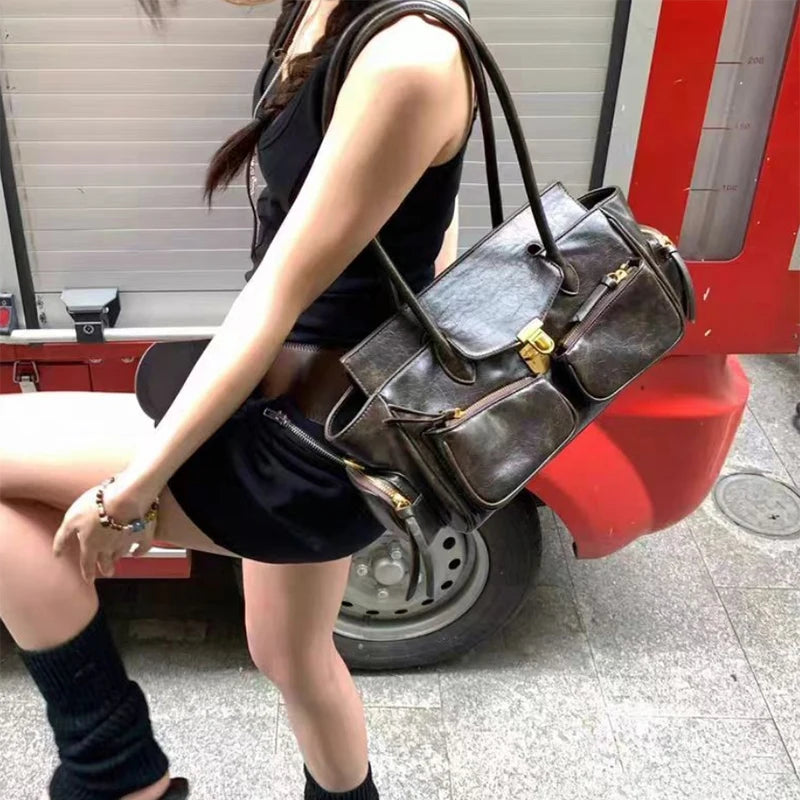 Vintage Underarm Bag For Girl Versatile Handbag Multi-pocket Motorcycle Bag Luxury Designer Handbag Spaghetti Strap Leather Bag