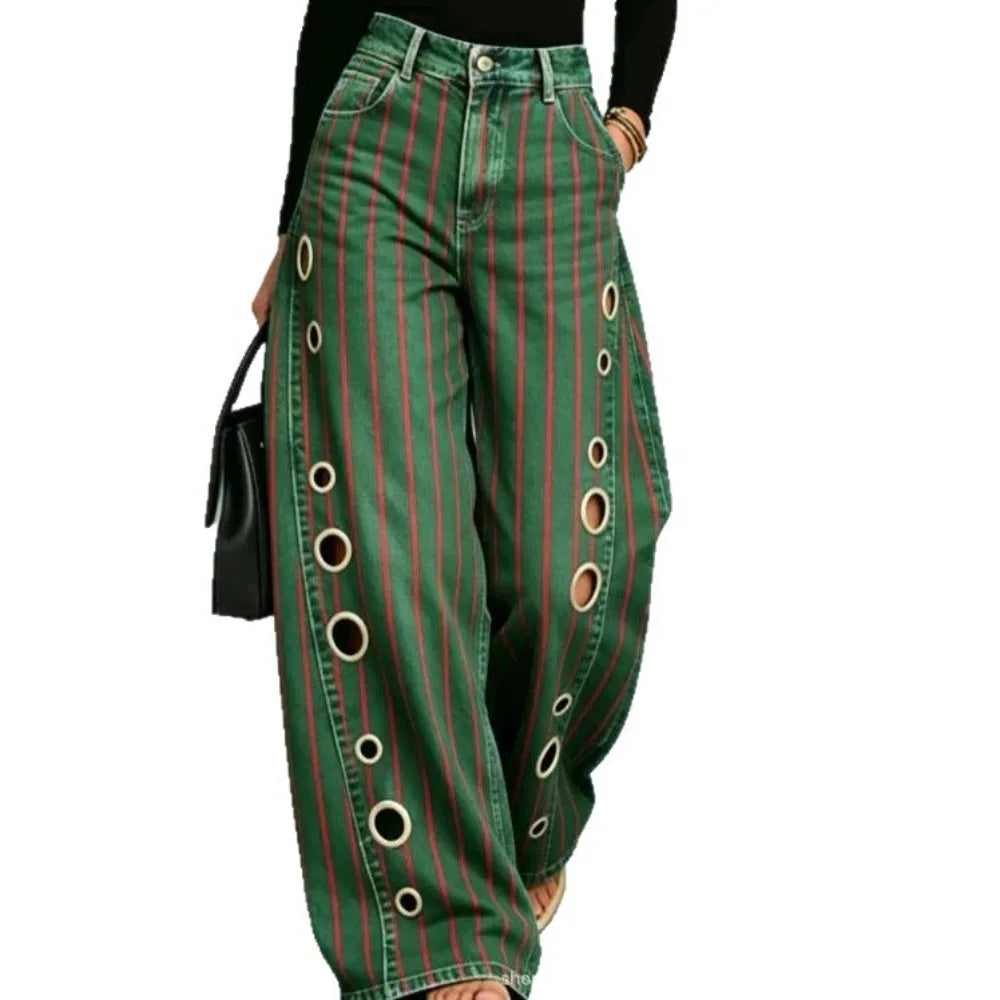 Printed Wide-Leg Pants with Circular Patterns High-Waisted Flowy Denim Trousers Rumanglobalcraft