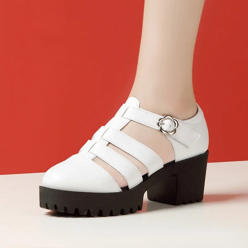 8cm 10cm Samll Size 32-43 Genuine Leather Shoes Chunky Platform Sandals 2025 Block High Heels Sandals Black Office Model Mom