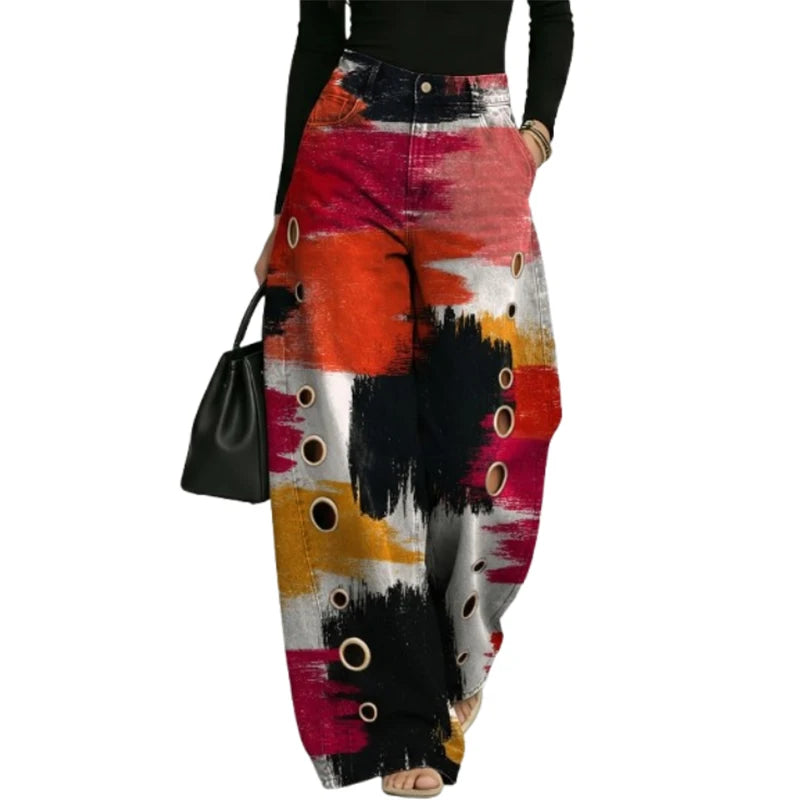 UOOZEE 2026 Women Fashion Contrast Color Printed Metal Eyelet Hollow Pants High Waisted Wide Leg Pockets Casual Office Trousers Rumanglobalcraft