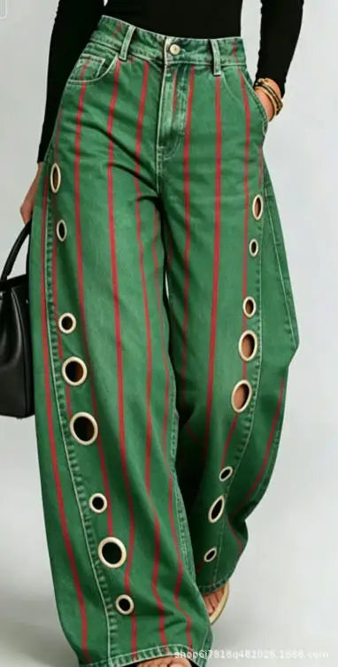 Printed Wide-Leg Pants with Circular Patterns High-Waisted Flowy Denim Trousers Rumanglobalcraft