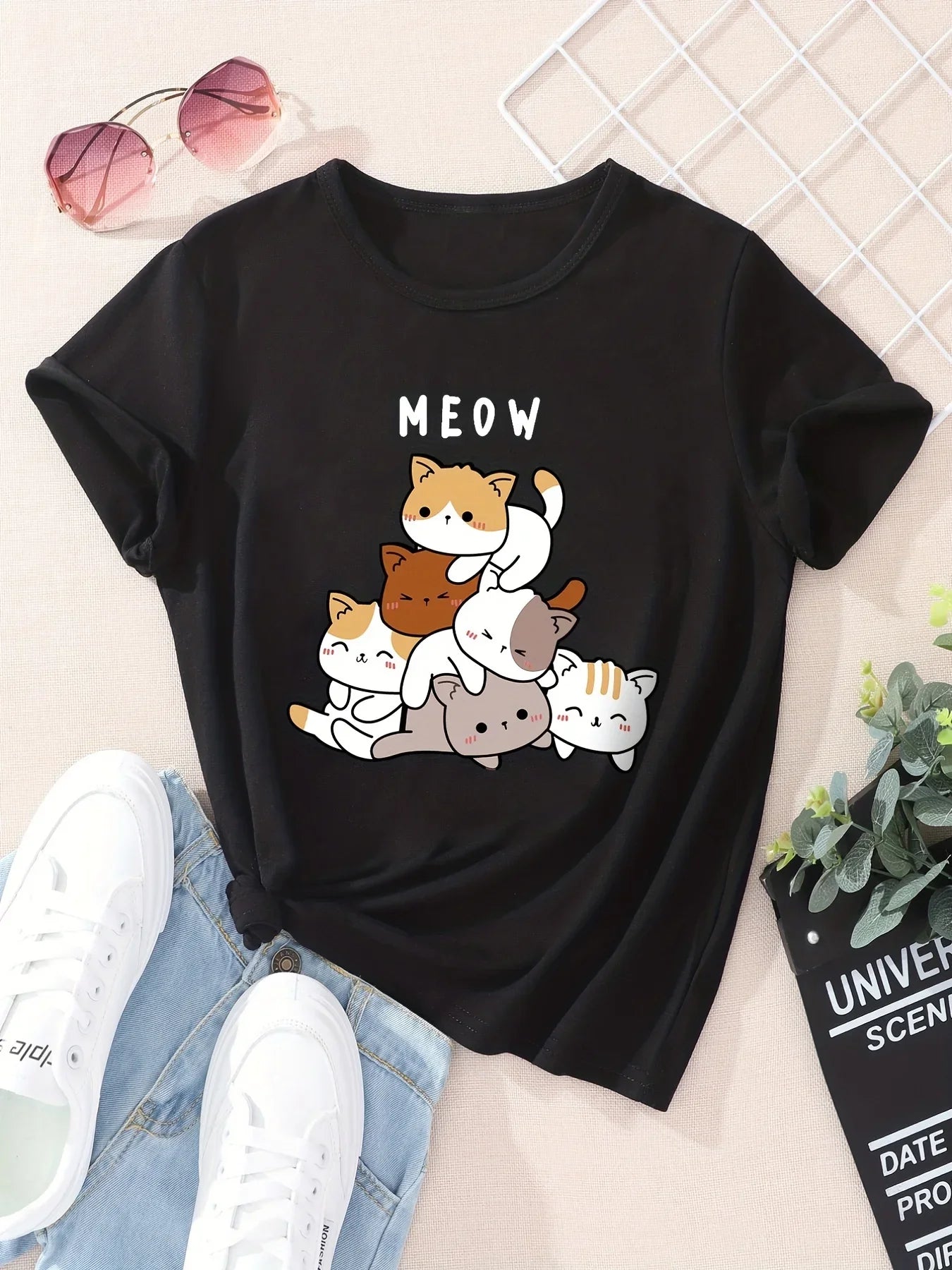 Cartoon Cats Print T-shirt Cute Crew Neck Short Sleeve Summer T-shirt Women's Clothing Vintage Personality Graphic T Shirts Y2K . Rumanglobalcraft