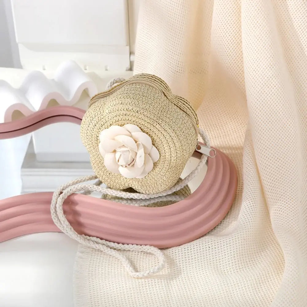 Durable Straw Crossbody Bag Flower Small Coin Purse Handbag Girls Kids
