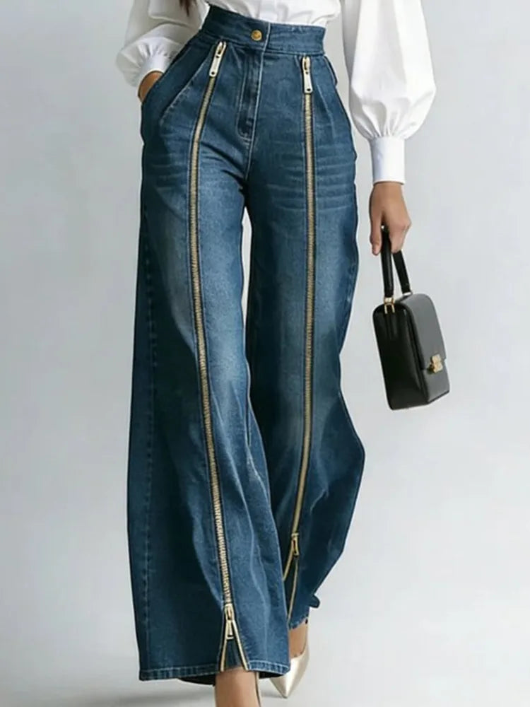 Women Denim Jeans High Waist Wide Leg Double Zipper Spliced Split Hem Vintage Streetwear Chic Autumn 2026
