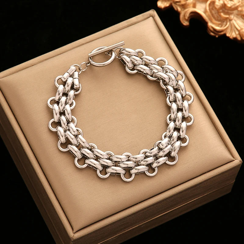 EILIECK 316L Stainless Steel Silver Color Cuban Chain Statement Necklace Bracelet Set Charm Fashion Women Waterproof Jewelry Set (Copy)