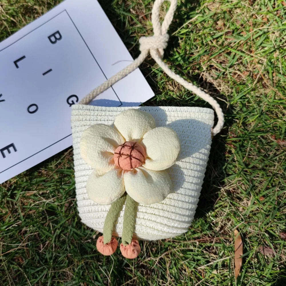 Mini Handmade Straw Crossbody Bags Summer Shoulder Messenger Handbag Baby Lovely Flower Kids Keys Coin Purse Bags for Children