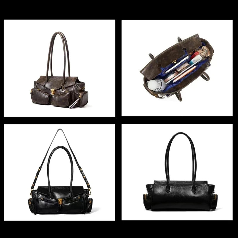 Vintage Underarm Bag For Girl Versatile Handbag Multi-pocket Motorcycle Bag Luxury Designer Handbag Spaghetti Strap Leather Bag