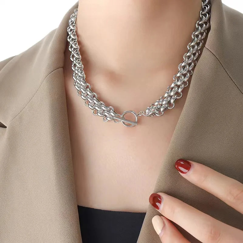EILIECK 316L Stainless Steel Silver Color Cuban Chain Statement Necklace Bracelet Set Charm Fashion Women Waterproof Jewelry Set (Copy)