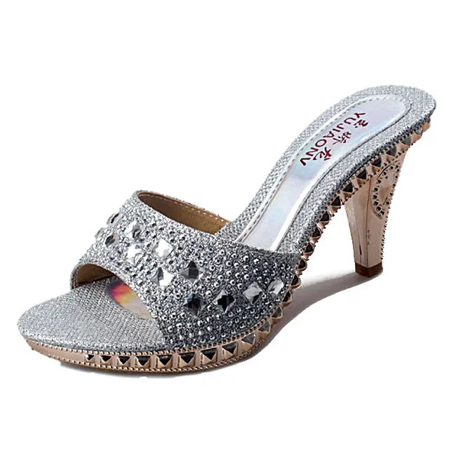 Summer Women Sandals Rhinestone Women Shoes Sexy High Heels Shoe Ladies Sandalias Gold Silver Women Slippers Heeled Sandals Sexy