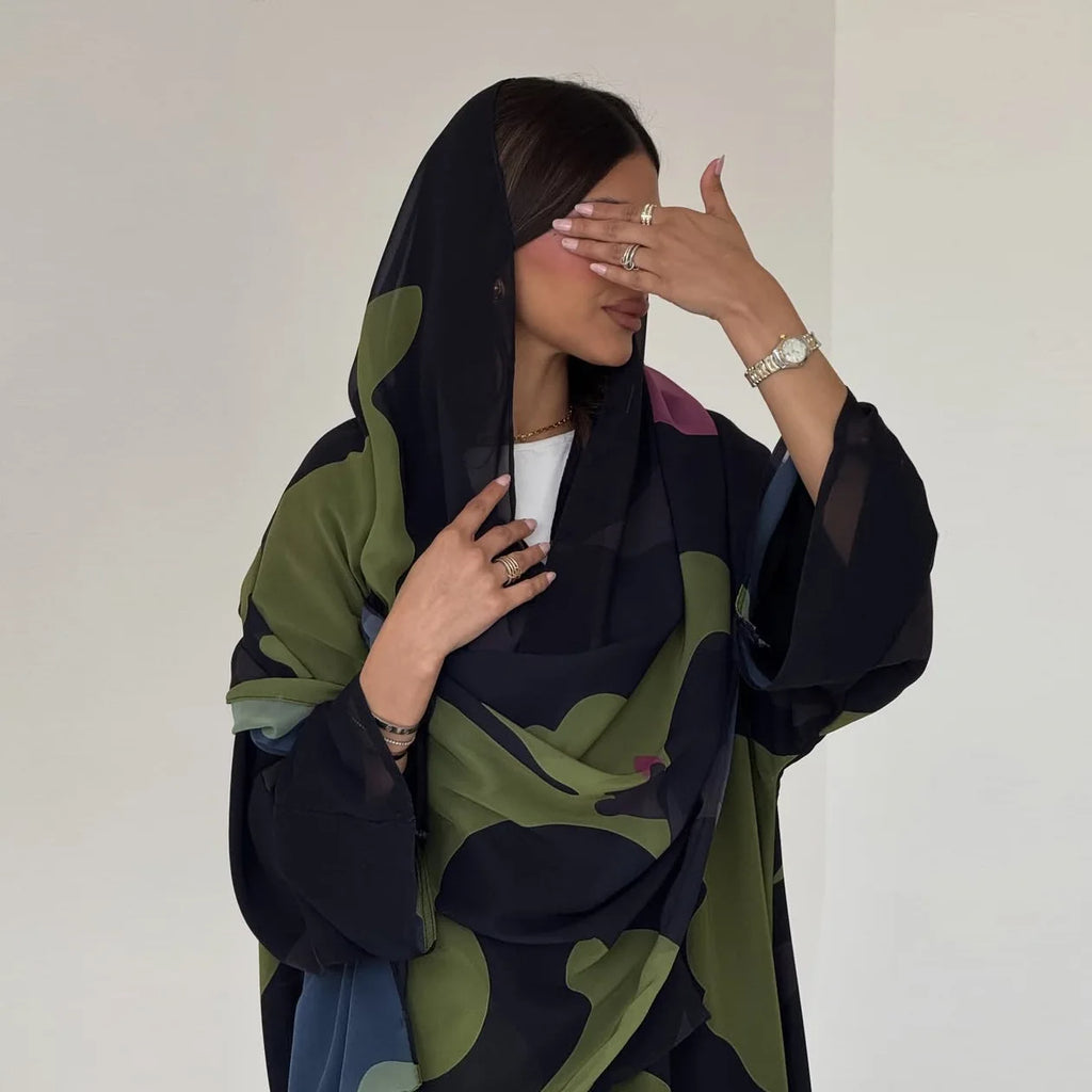 Botanical Muse Open-Front Chiffon Abaya Ensemble