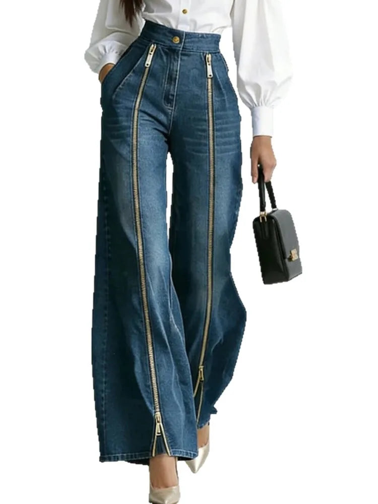 Women Denim Jeans High Waist Wide Leg Double Zipper Spliced Split Hem Vintage Streetwear Chic Autumn 2026