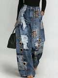 Printed Wide-Leg Pants with Circular Patterns High-Waisted Flowy Denim Trousers Rumanglobalcraft