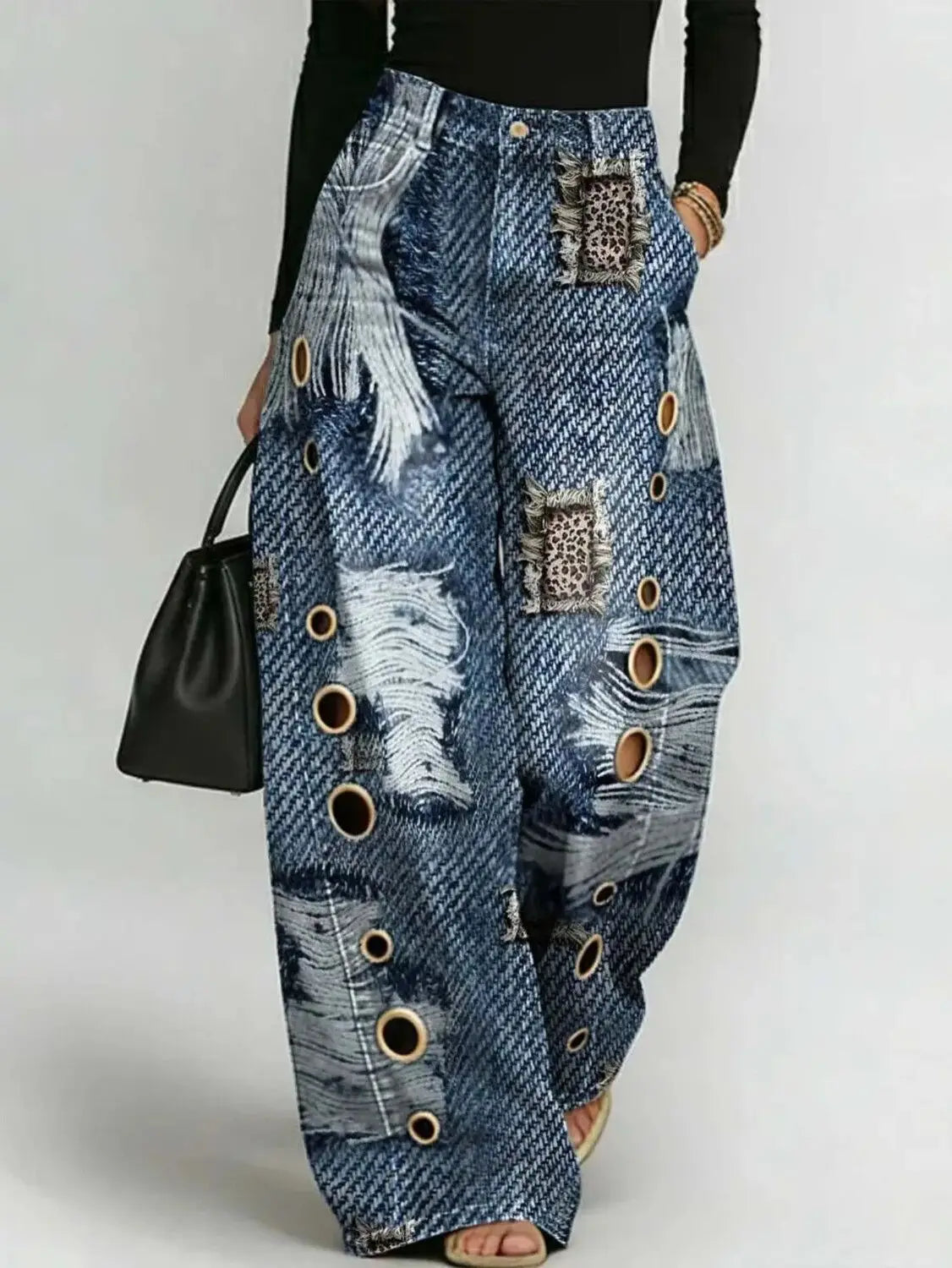 Printed Wide-Leg Pants with Circular Patterns High-Waisted Flowy Denim Trousers Rumanglobalcraft