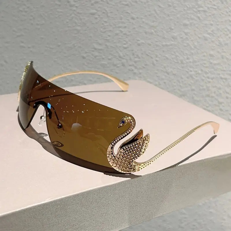 Luxury Swan Rhinestone Rimless Sunglasses Oversized Shield Sun Glasses with UV400 Fashion Shades Decorative Eyewear for Women