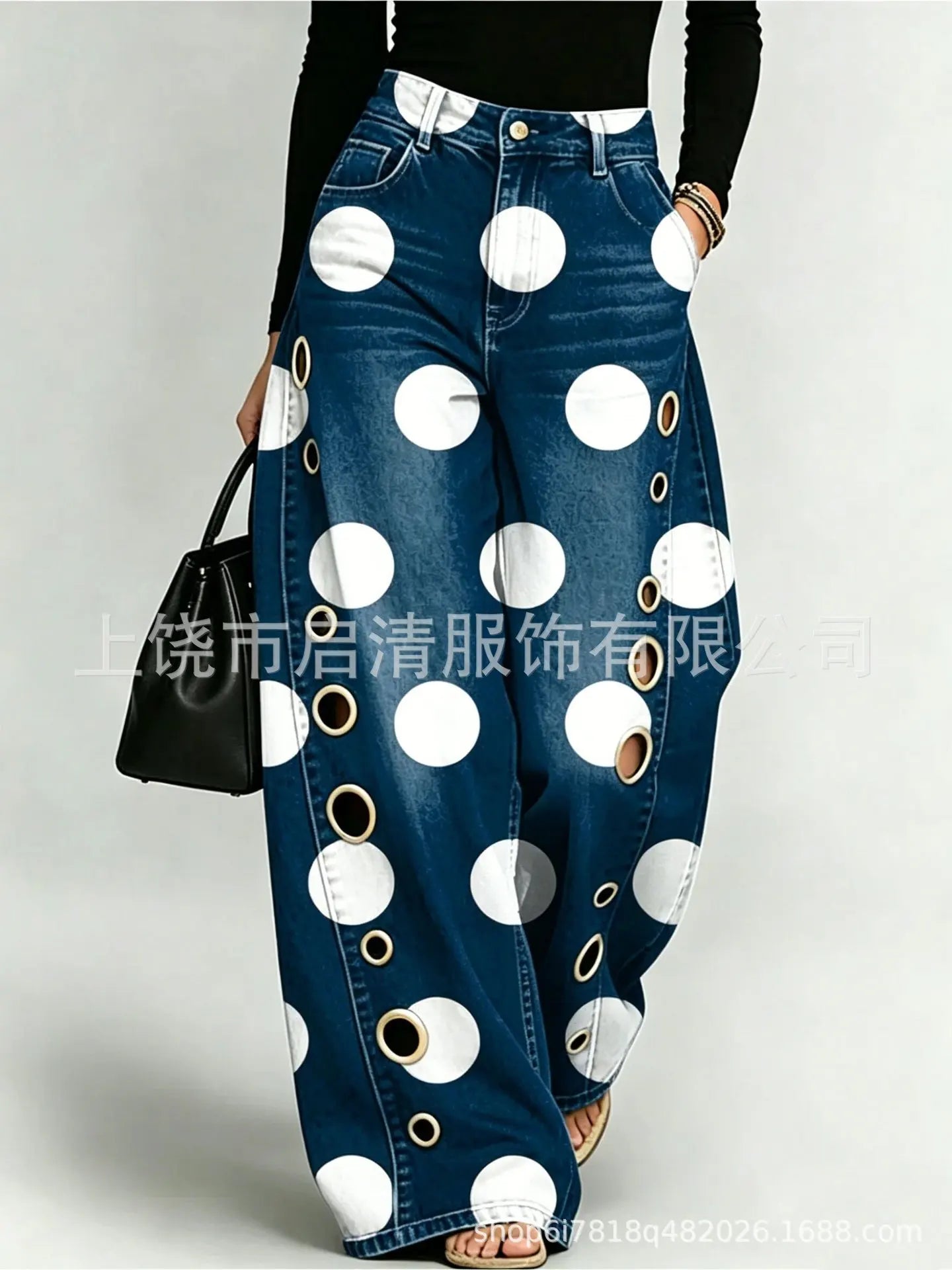 Printed Wide-Leg Pants with Circular Patterns High-Waisted Flowy Denim Trousers Rumanglobalcraft
