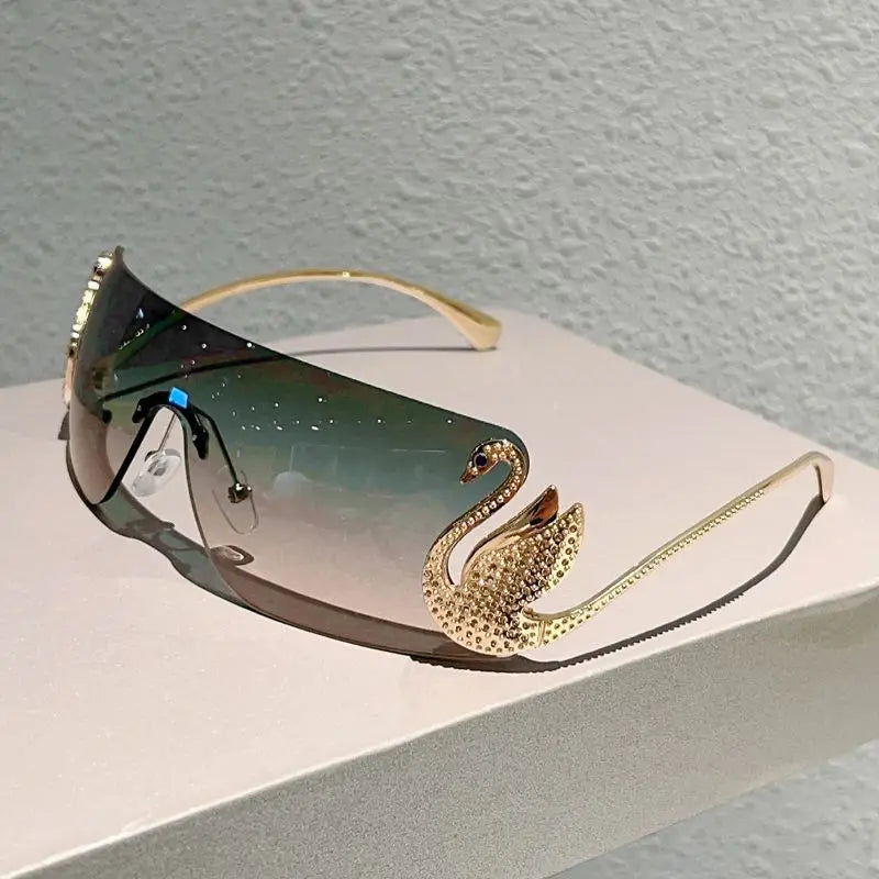 Luxury Swan Rhinestone Rimless Sunglasses Oversized Shield Sun Glasses with UV400 Fashion Shades Decorative Eyewear for Women