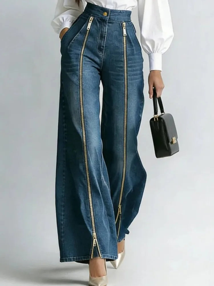 Women Denim Jeans High Waist Wide Leg Double Zipper Spliced Split Hem Vintage Streetwear Chic Autumn 2026
