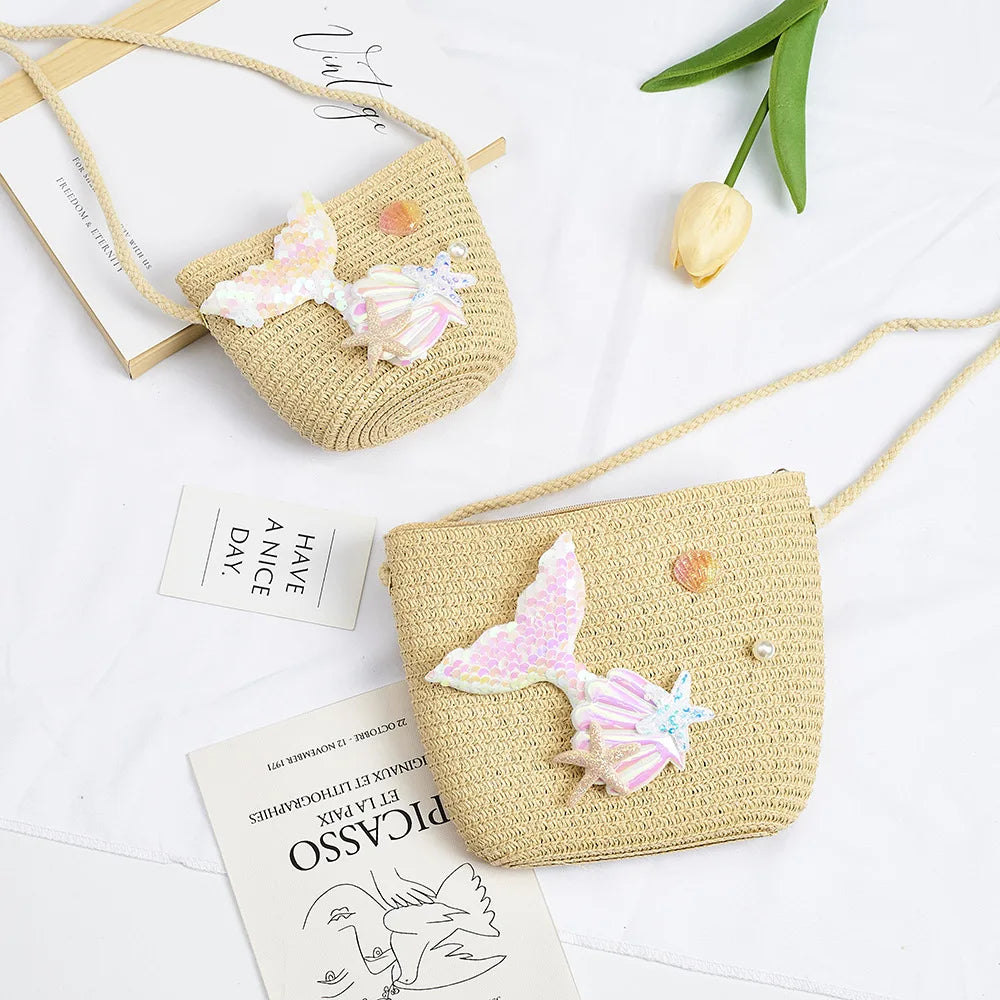 Cartoon Ocean Summer Children's Shoulder Bag Beach Straw Baby Kids Small Crossbody Bags Girls Princess Change Purse Handbags