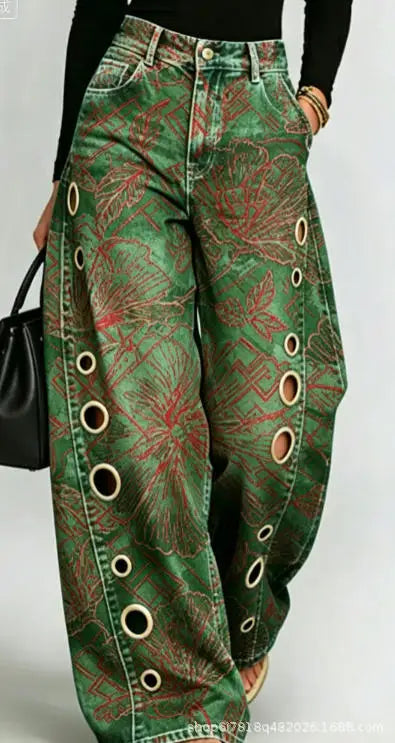 Printed Wide-Leg Pants with Circular Patterns High-Waisted Flowy Denim Trousers Rumanglobalcraft