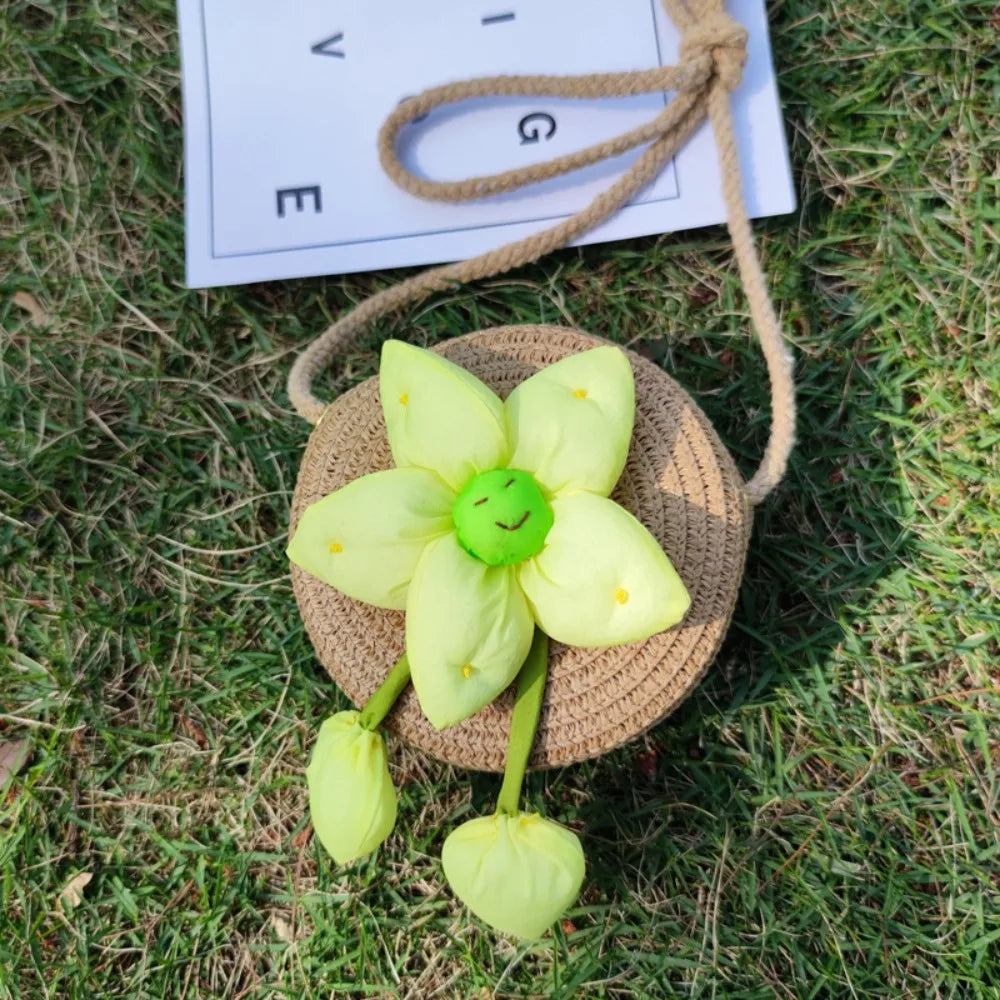 Mini Handmade Straw Crossbody Bags Summer Shoulder Messenger Handbag Baby Lovely Flower Kids Keys Coin Purse Bags for Children