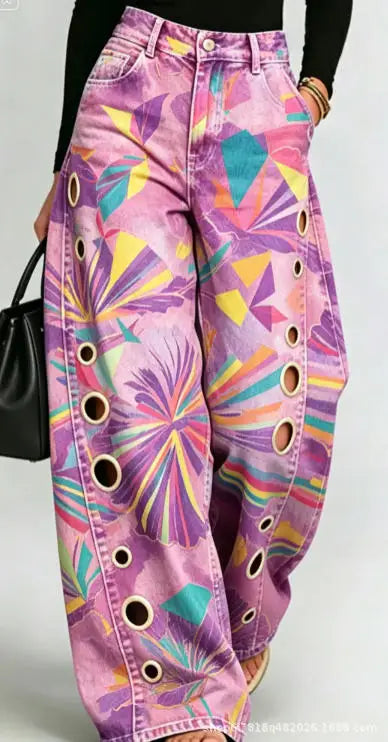 Printed Wide-Leg Pants with Circular Patterns High-Waisted Flowy Denim Trousers Rumanglobalcraft