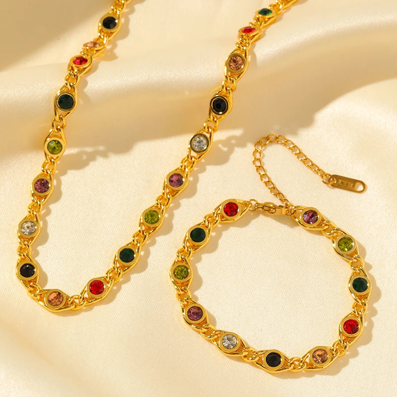 EILIECK 316L Stainless Steel Metal Colored Zircon Chain Necklace Bracelet Set For Women Fashion Statement Waterproof Jewelry (Copy)
