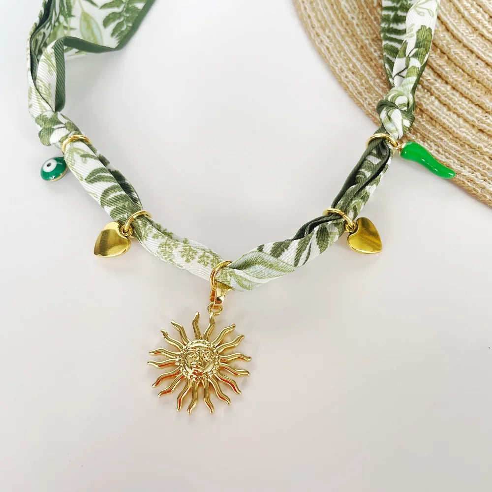 Trendy Boho Bandana Scarf Necklace for Women – Fashion Fruit Flower Sun Heart Charm Pendant Neck Wrap Jewelry